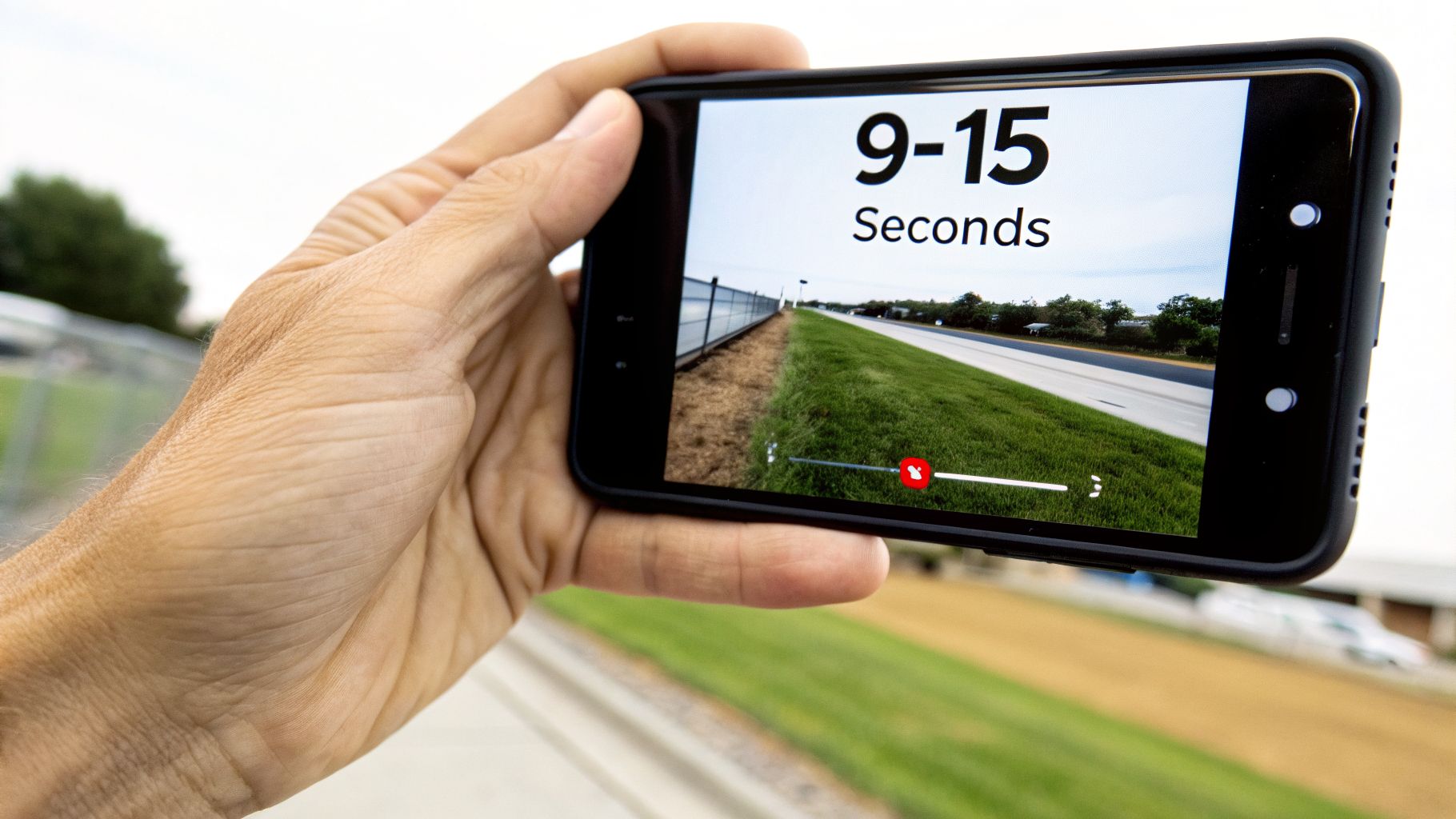 A hand holding a smartphone displaying '9-15 Seconds' over a road and green grass.