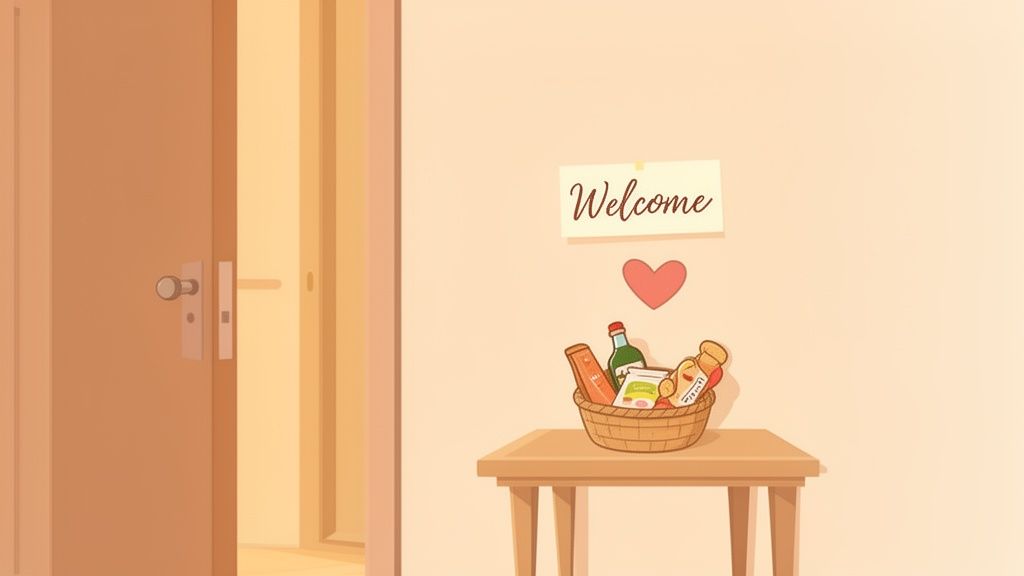 An open door reveals a welcoming scene with a gift basket on a table and a 'Welcome' sign.