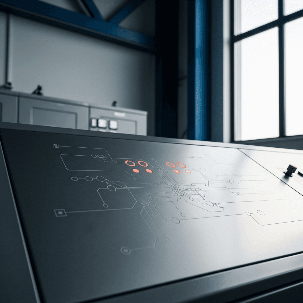 Editorial photograph of a minimalist, brushed aluminum control panel inside a modern power substation control room. The panel has finely etched, abstract network diagrams suggesting data flow. Natural light comes from a large window on the right, creating soft shadows. The color palette is dominated by deep blues (#1F3B5B) and metallic grays, with subtle accents of warm coral (#E76F51) on a few indicator lights. The upper-left third of the frame is a clean, out-of-focus background of the control room. Aspect ratio 16:9. Photorealistic, no text, no logos, no watermarks.