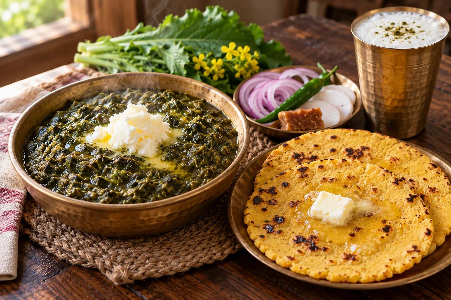 Plated sarson da saag topped with white butter, served with makki di roti and a glass of lassi