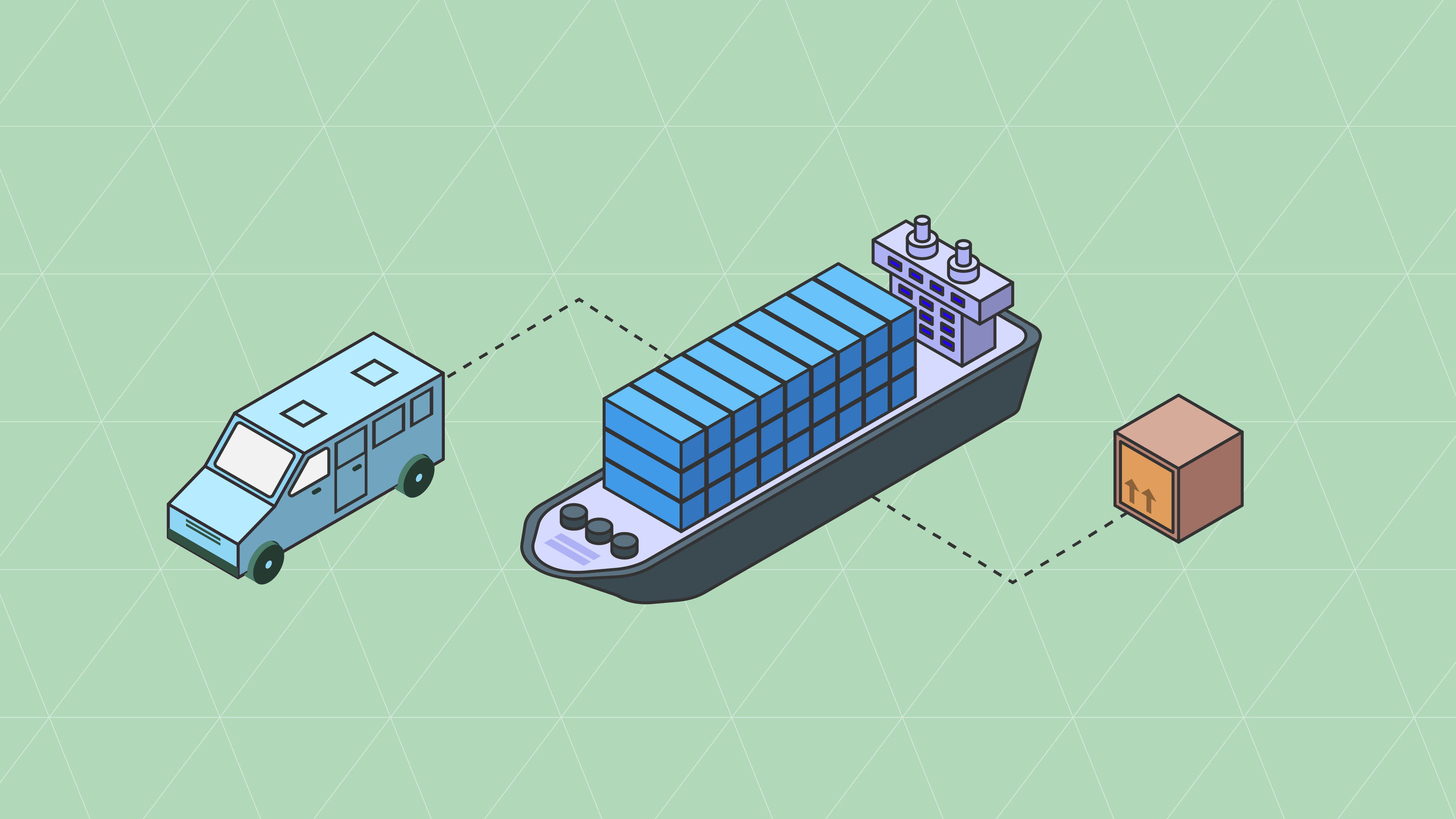 Isometric illustration of a supply chain routing flow showing a delivery van, a cargo ship loaded with containers, and a cardboard box, connected by dotted lines on a green geometric background.