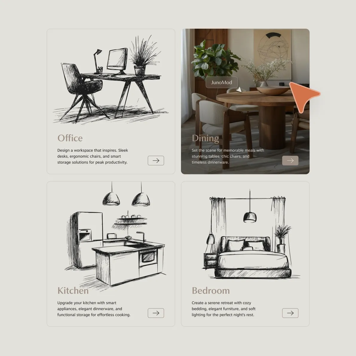 Objet website section showing four room categories in a 2×2 grid — Office and Kitchen illustrated in detailed hand-drawn etching style, Bedroom in sketch style, and Dining as a warm photograph of a round wooden table with rattan chairs and a "JunoMod" product tooltip with an orange cursor