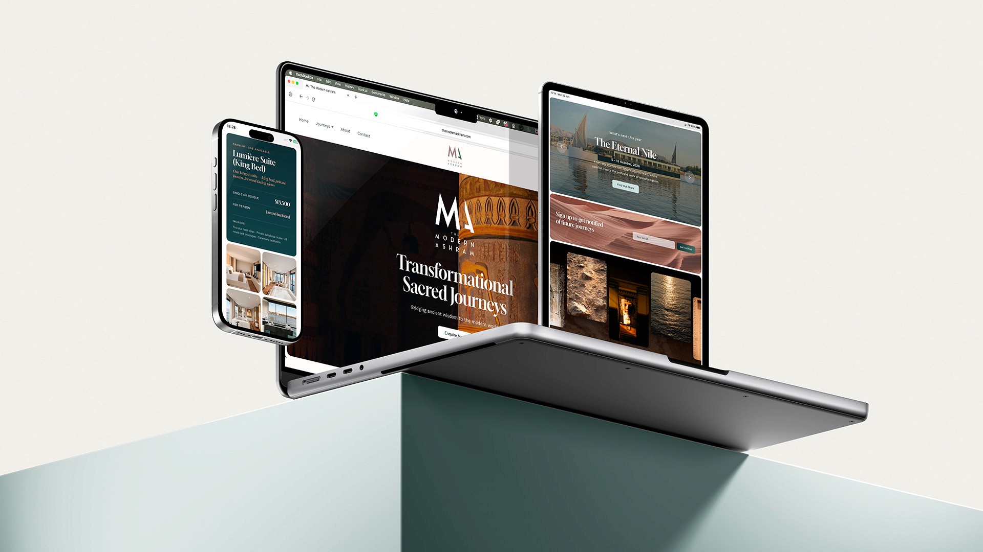 The Modern Ashram responsive website across laptop, tablet and mobile by Huw Mathias.