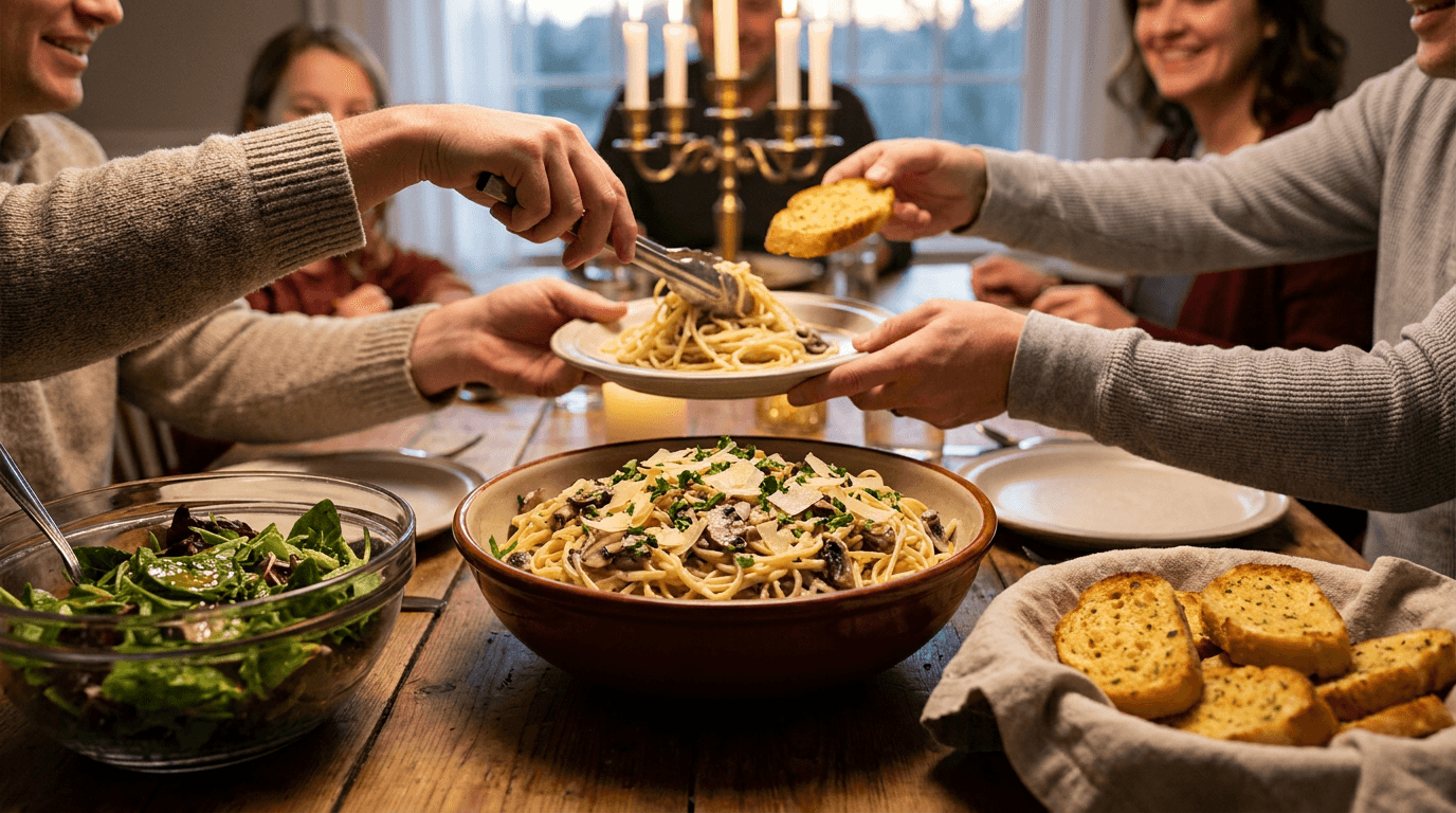 Family dinner table with Spaghetti Alfredo with Mushrooms, green salad, and garlic bread