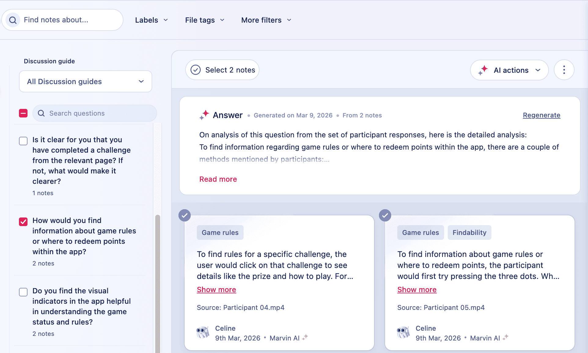 Search interface answering a research question using tagged insights and traceable participant quotes.