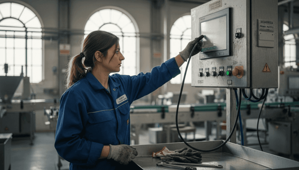 Il tecnico controlla il pannello di sicurezza automatizzato.