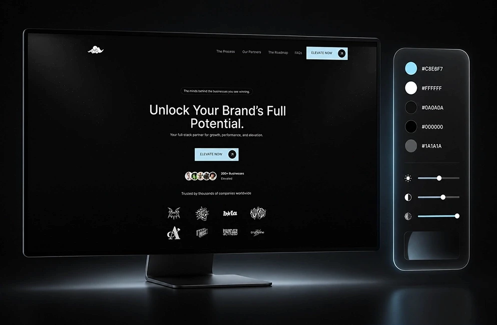 Minimalist dark brand agency homepage design with client logo showcase in Framer