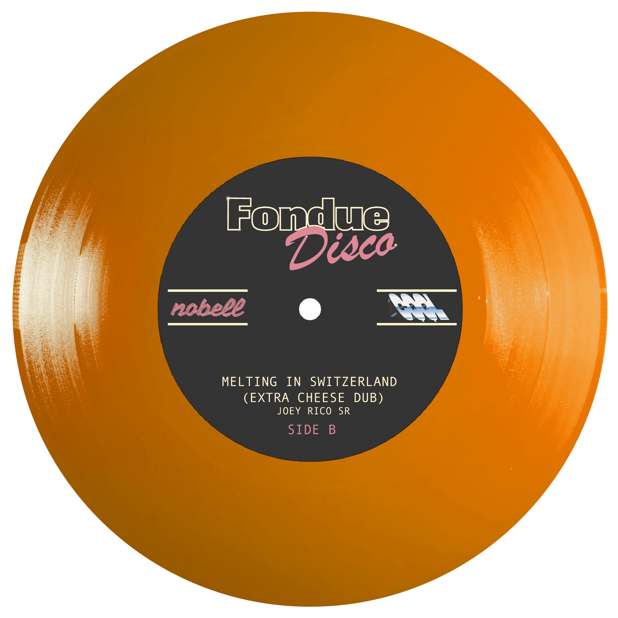 Orange vinyl record with 'Fondue Disco' label on a white background