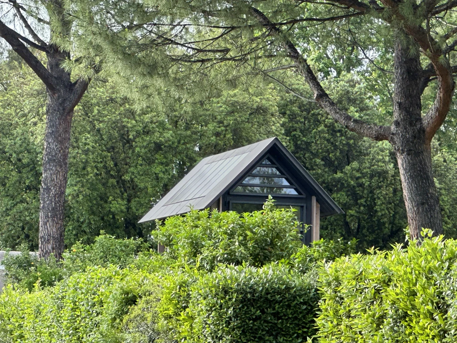 Écolodge Villa Médicis vu entre les arbres des jardins, structure bois compacte