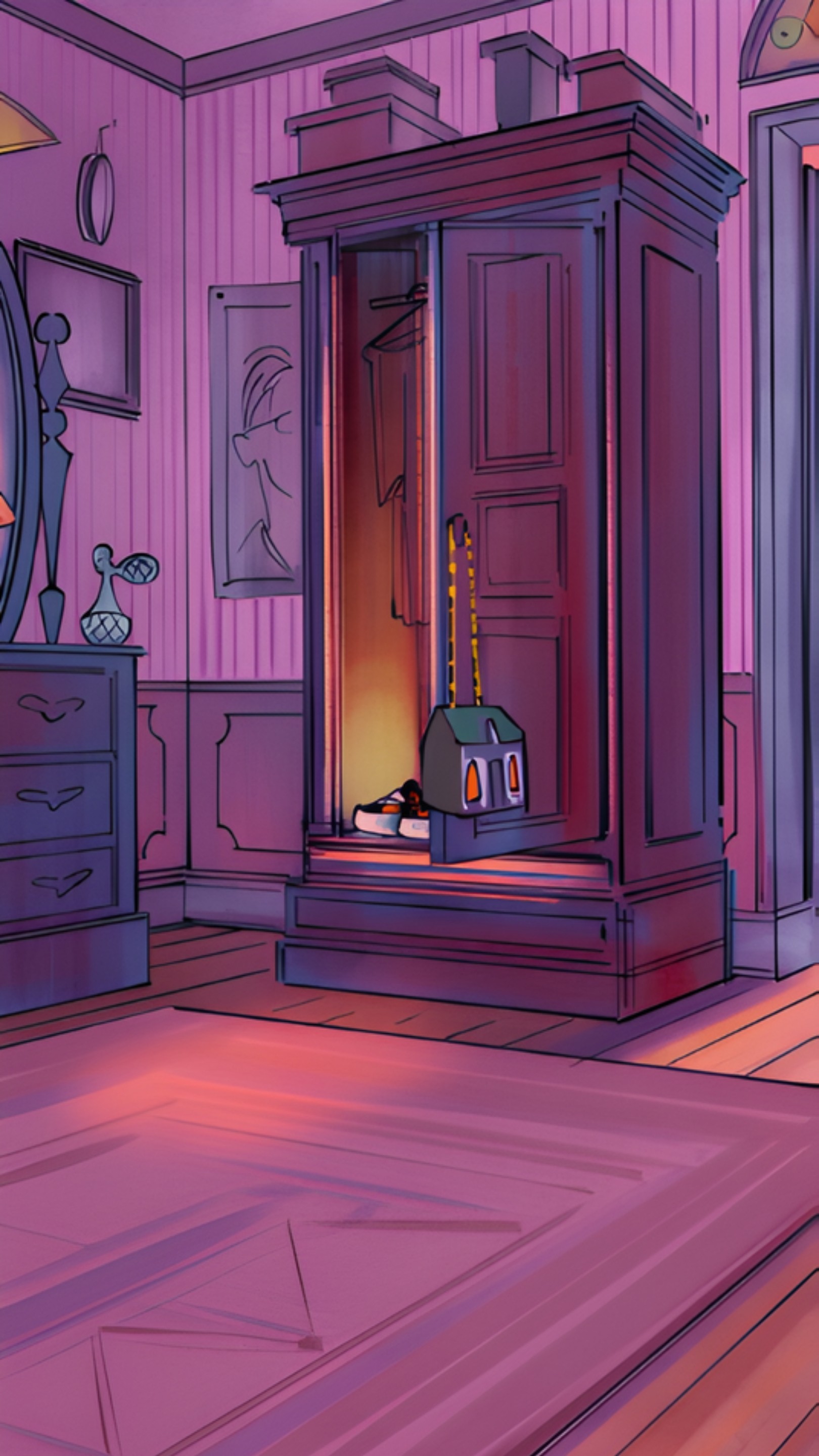 Stylized, purple-toned comic panels show platform sneakers floating through a spooky room 
