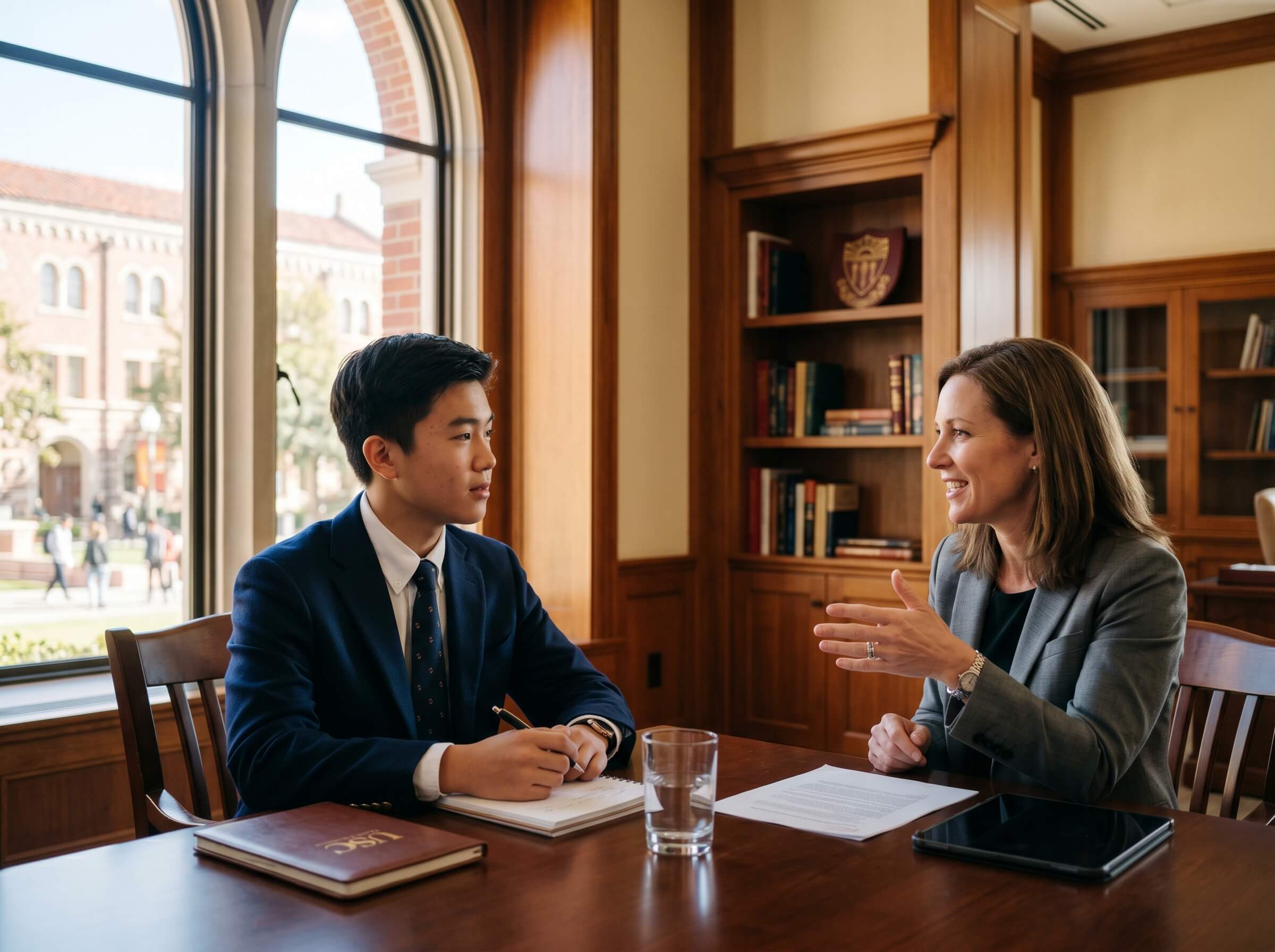 A male student chatting with the teacher in school meeting room