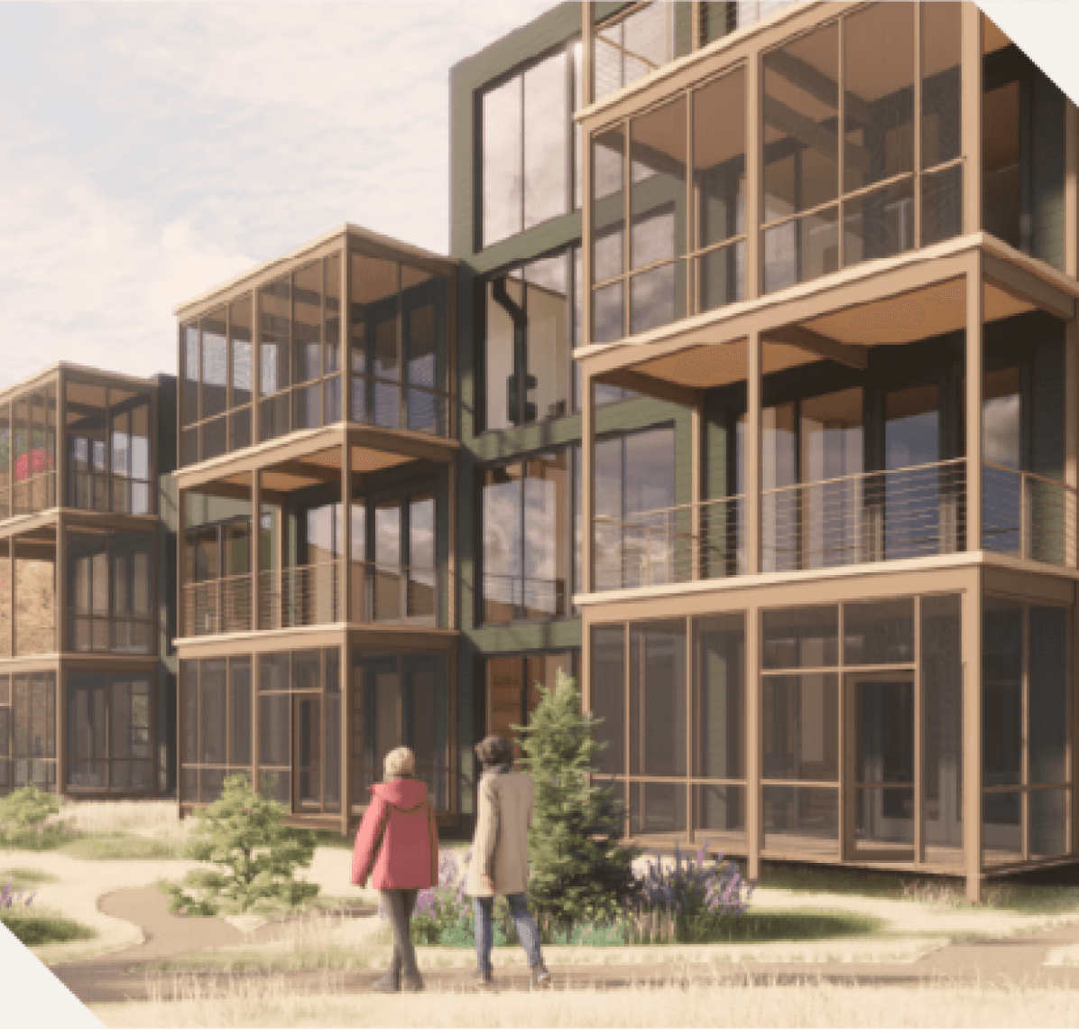 Open-concept living space in a TMBR multifamily home, featuring timber walls, built-in shelving, and natural light.