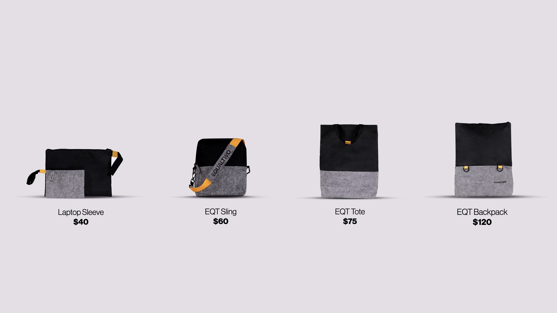 Four gray and black bags are displayed against a light gray background. From left to right: a gray laptop sleeve for $40, an EQT Sling for $60, an EQT Tote for $75, and an EQT Backpack for $120. Each bag has a black top section and a gray bottom section.