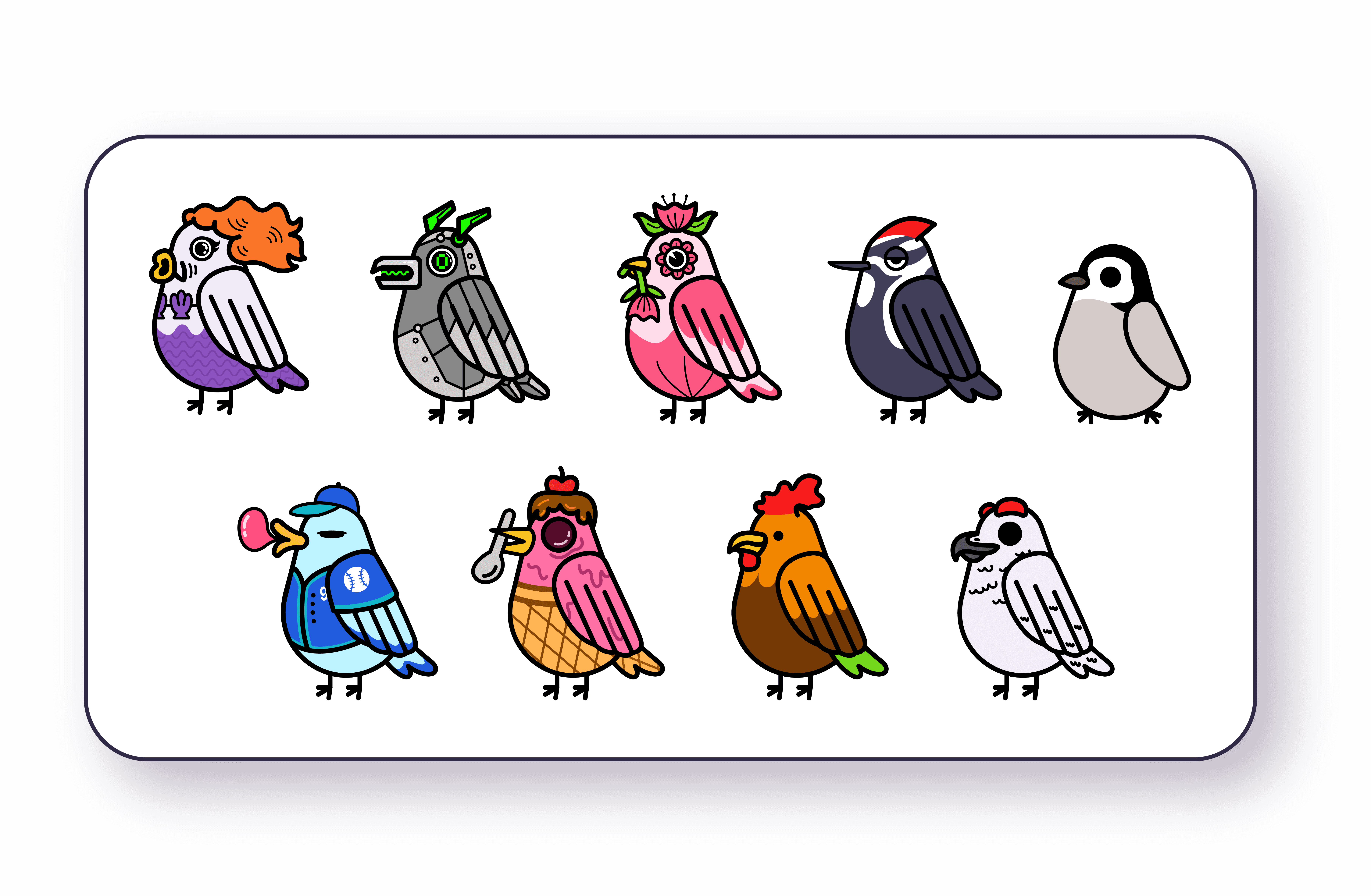 A box showing examples of how styles can be applied to a common bird, such as a mermaid, robot, tulip, downy woodpecker, penguin, baseball player, ice cream, rooster, and a willow ptarmigan