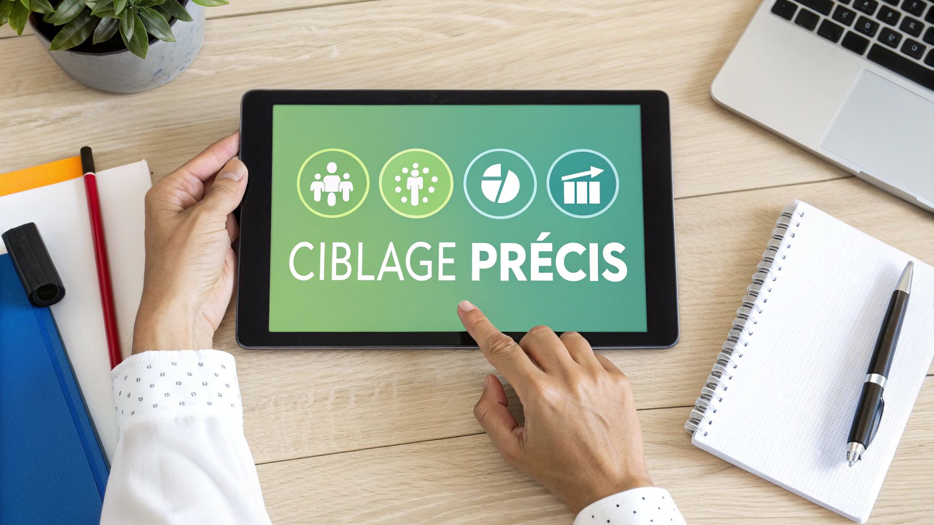 Une personne utilise une tablette affichant 'CIBLAGE PRÉCIS' avec des icônes de groupe et de croissance sur un bureau.