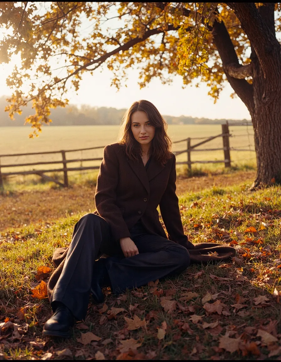 Autumn editorial fashion scene with rich brown blazer against golden tree backdrop, warm sunset lighting over countryside meadow