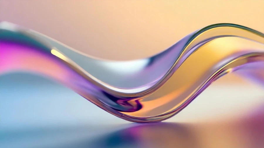 Abstract image of smooth, flowing glass-like curves in gradient hues of purple, gold, and blue against a soft background, symbolizing flexibility and harmony.