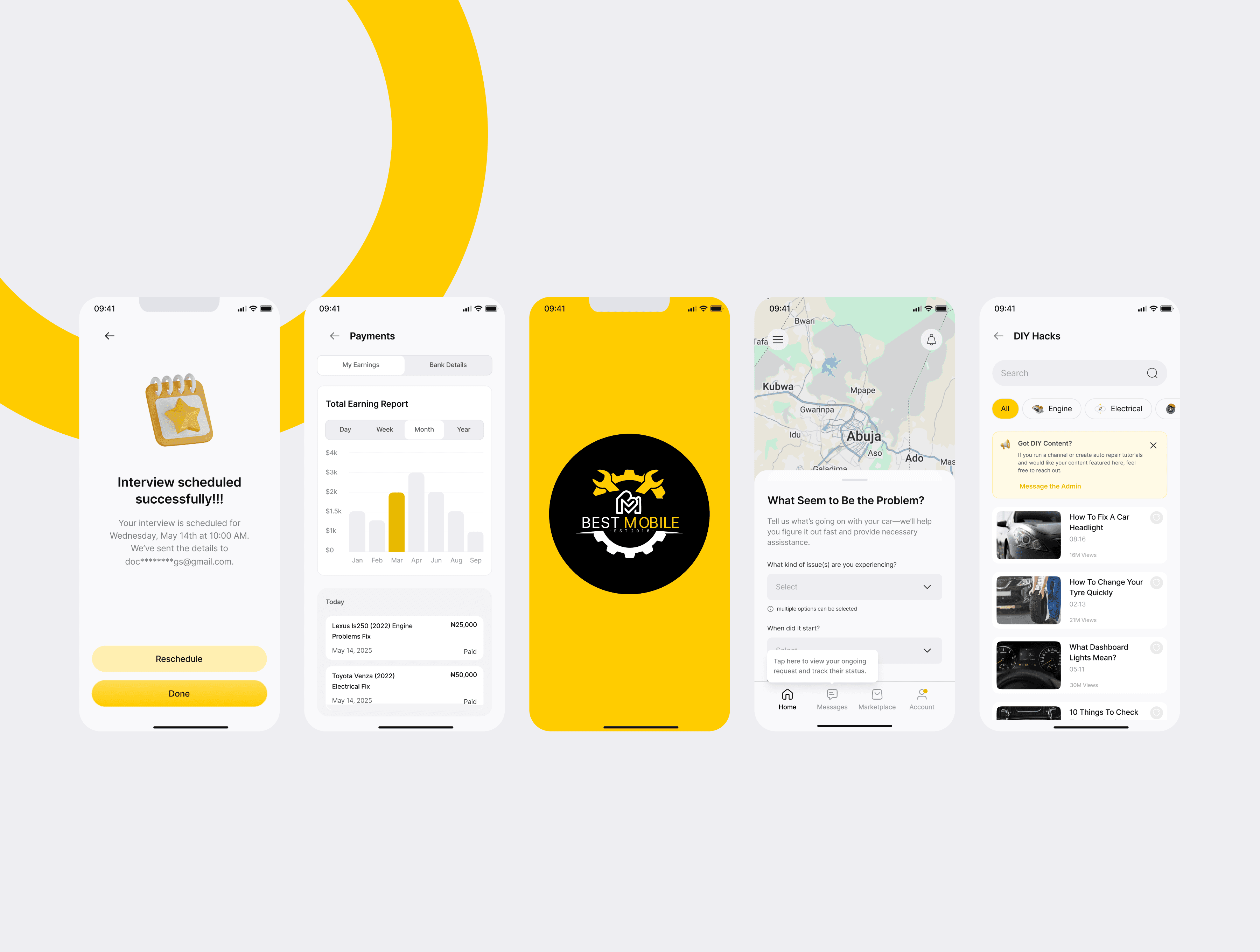 Preview of main screens of car owner section