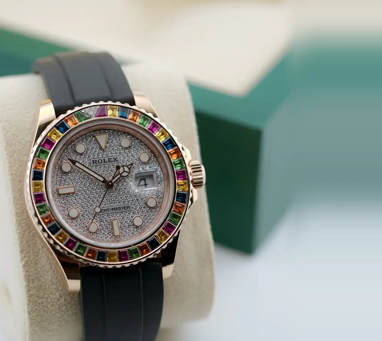 Rolex Yacht-Master 116695SATS with pavé diamond dial and rainbow bezel, valued at today’s Dubai market price