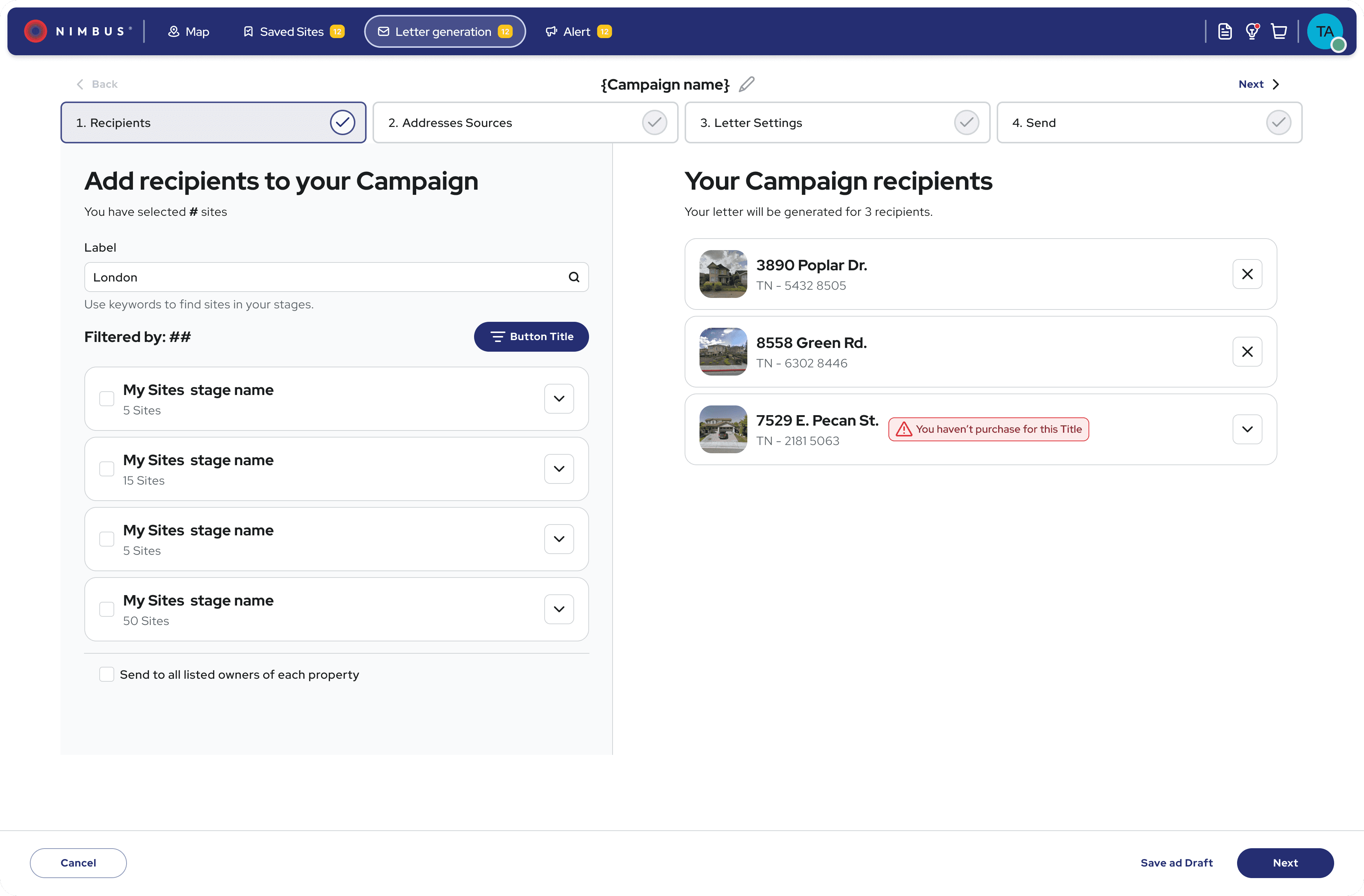 Letter generation screens