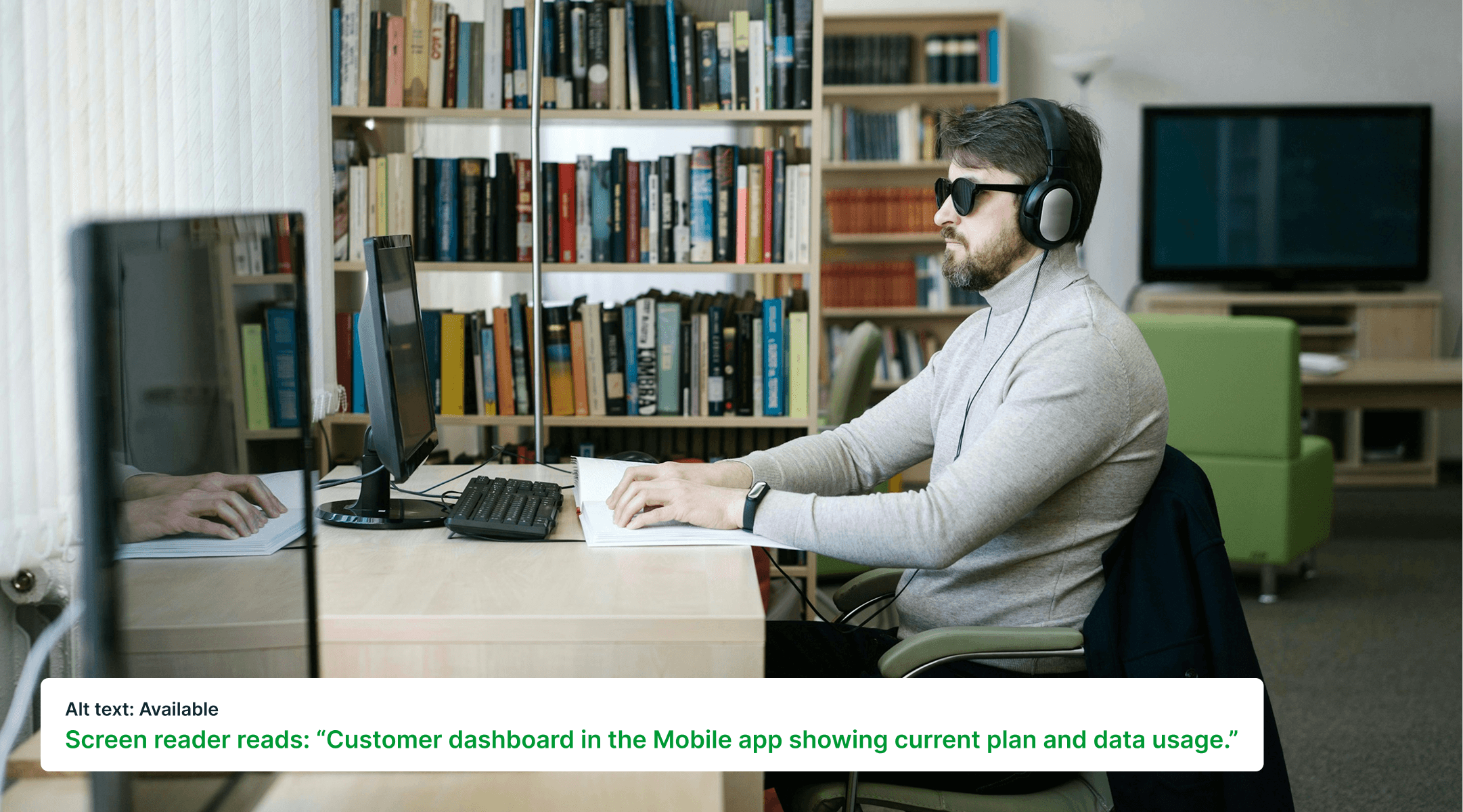 Person using a screen reader at a computer, showing how clear alt text provides the right context for users.