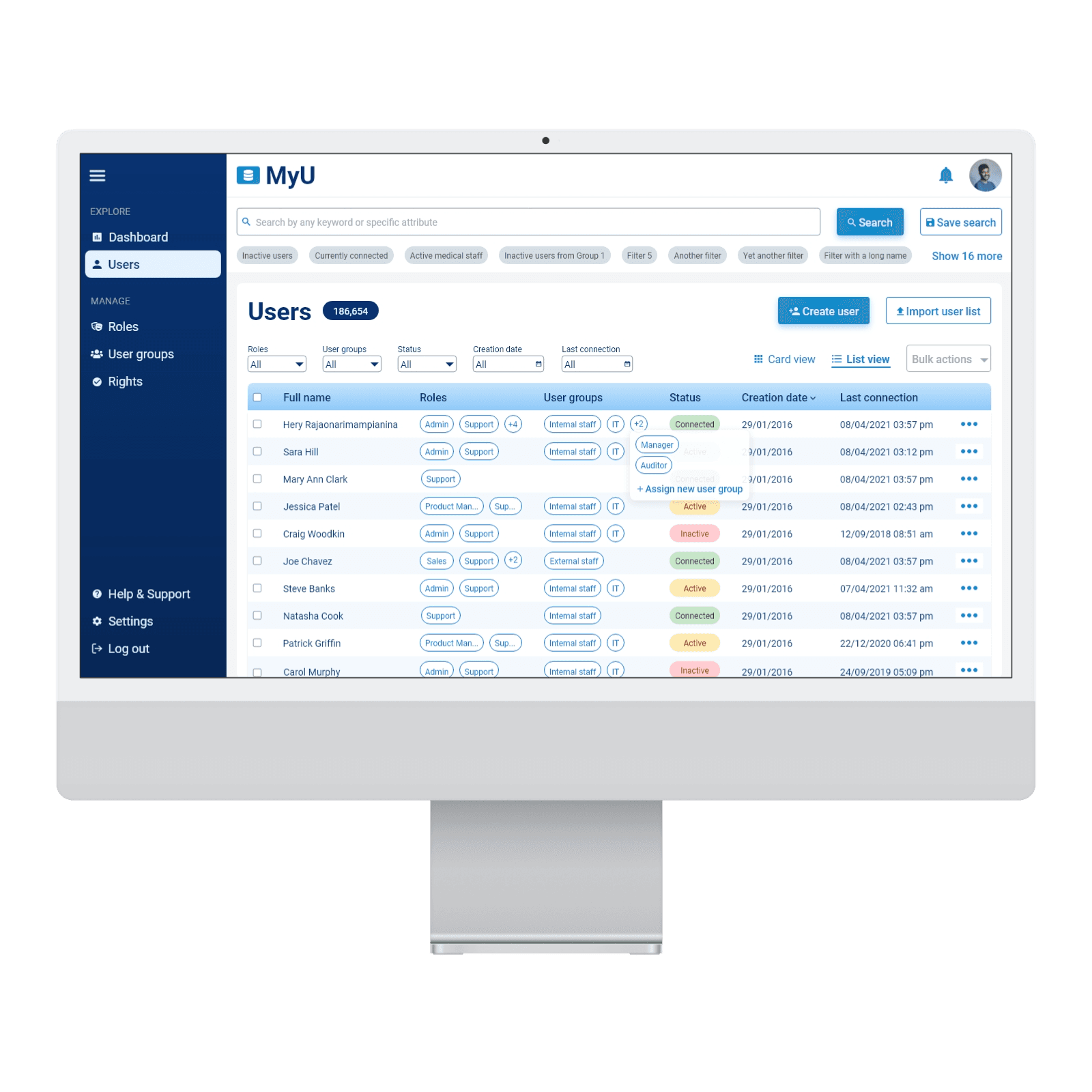 A picture of a desktop screen  showing a Saas application with a data table