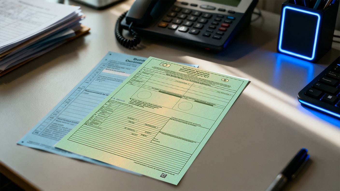 Fahrzeugdokumente für die KFZ-Zulassung auf einem Schreibtisch