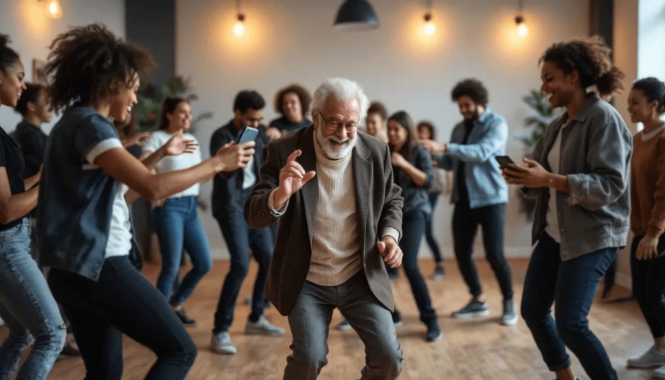 In the image, a diverse group of people of various ages joyfully dance together while creating video content, showcasing the spirit of user-generated content for social media platforms. This lively scene captures the essence of community engagement and content creation, highlighting the importance of social media marketing strategies in connecting with potential customers.
