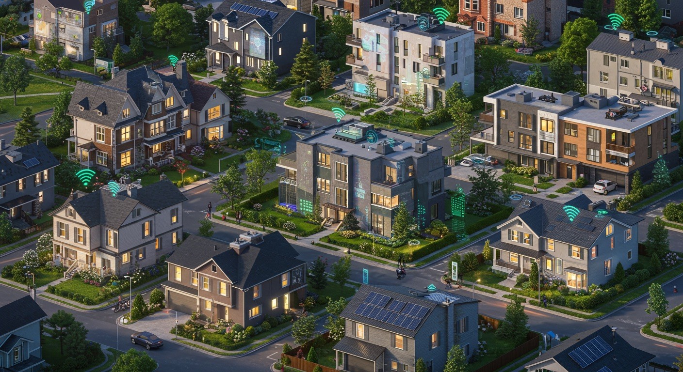 Aerial view of a suburban neighborhood showcasing various houses and green spaces.