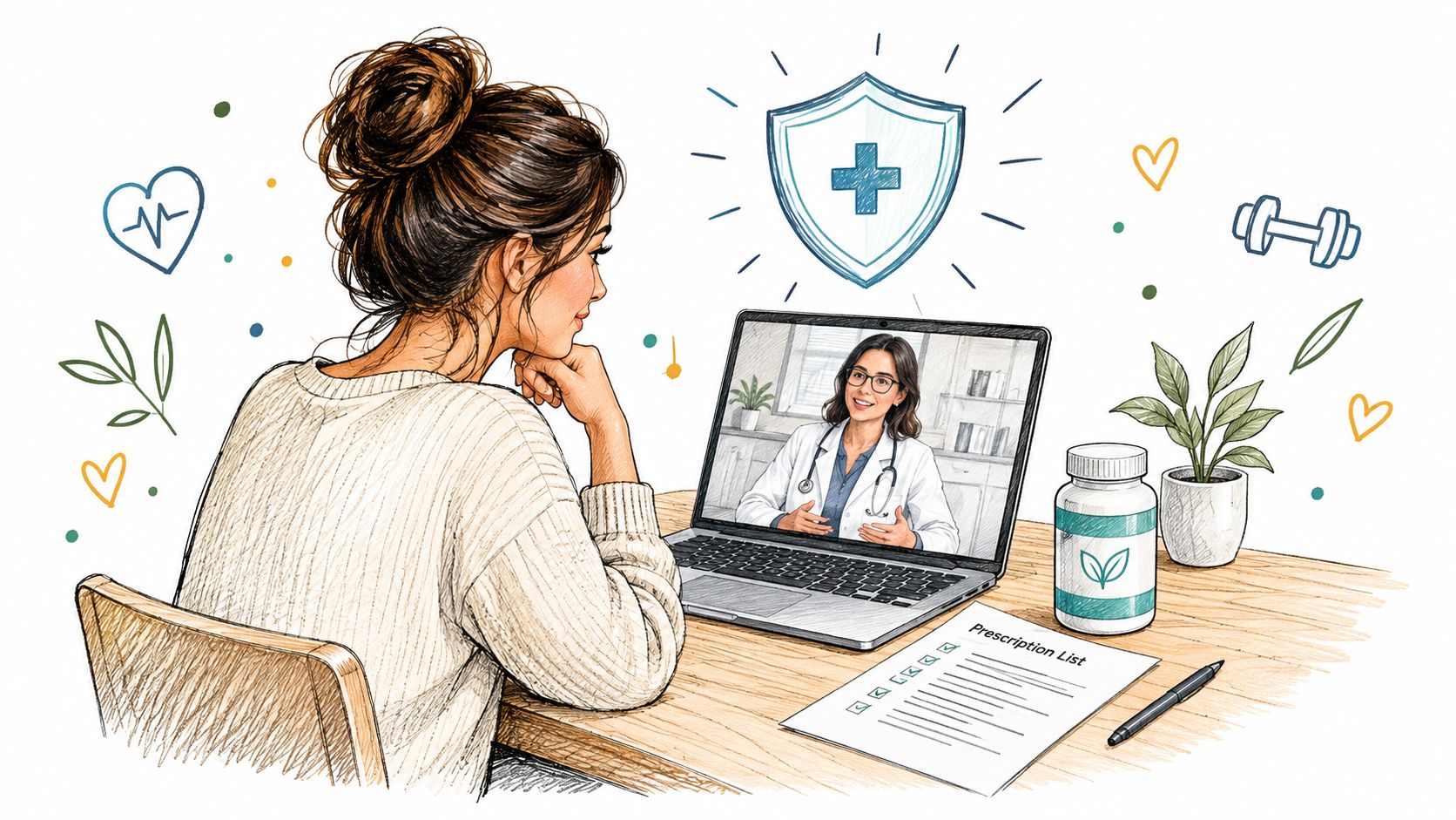 A young woman sits at a desk, consulting with her doctor via a virtual video telehealth appointment.