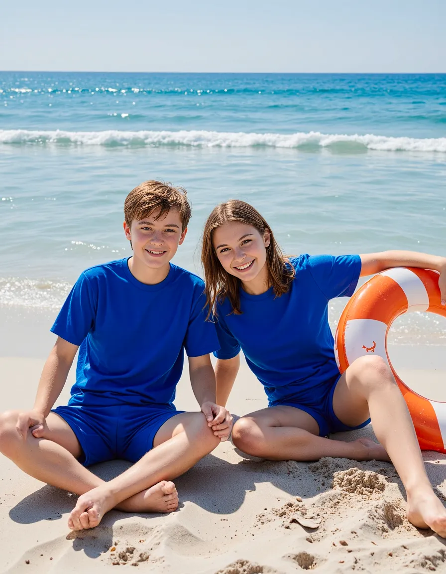 Two young people in matching blue outfits sitting on sandy beach with turquoise ocean waves and orange life preserver nearby