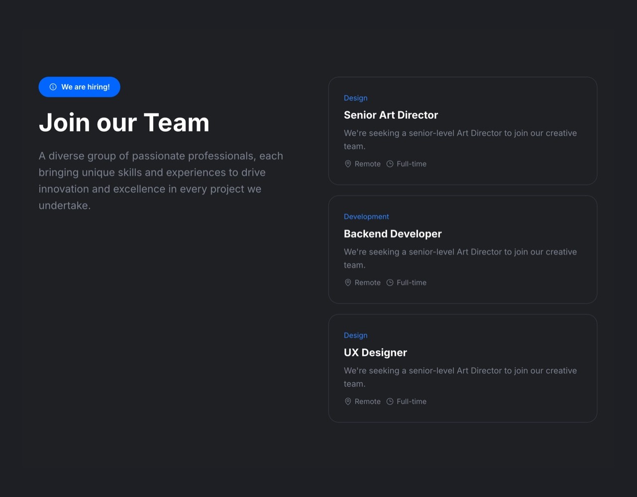 Framer Dark Career Jobs Section - Frameblox UI