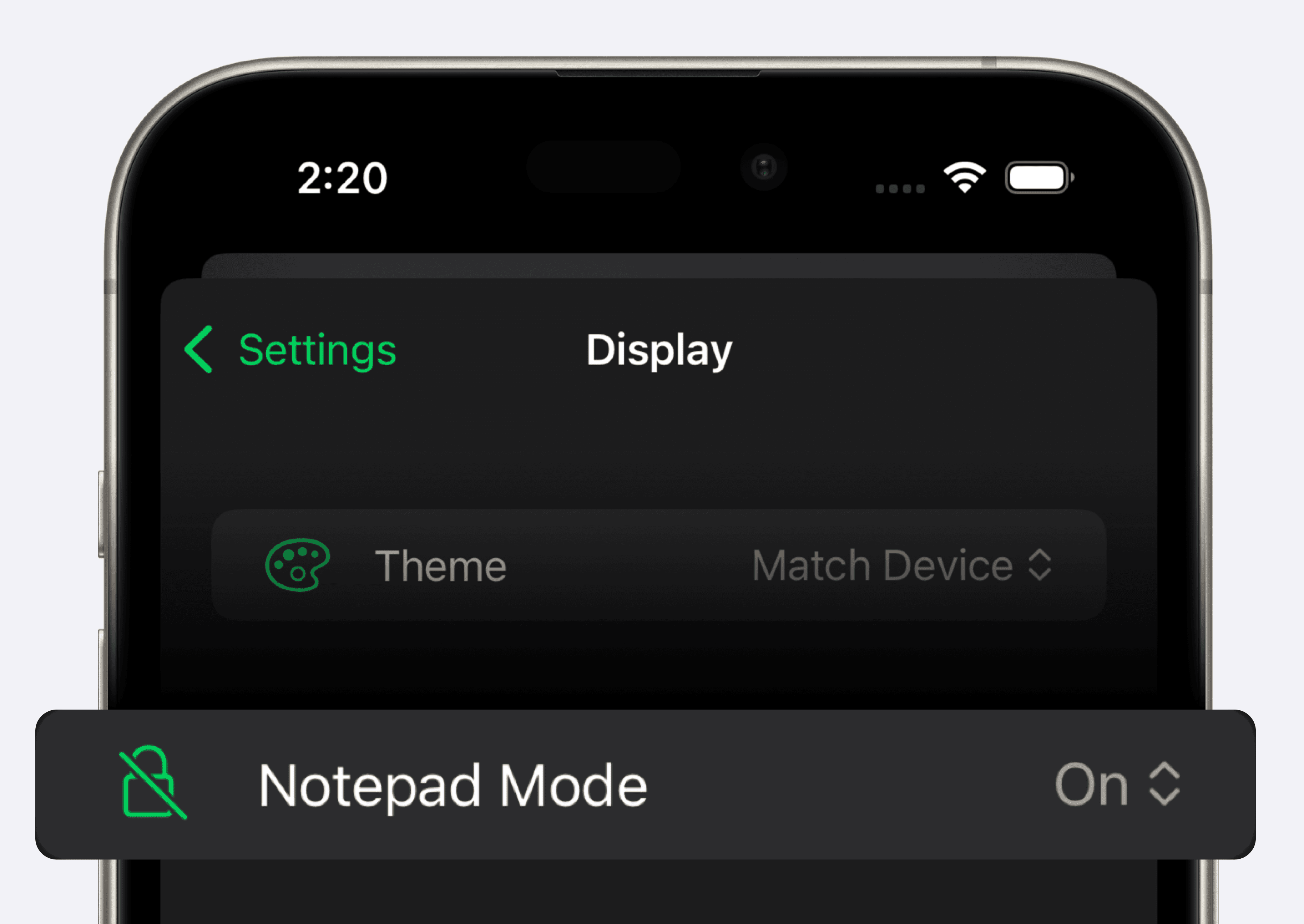 "A screenshot of the Setgraph app's display settings screen. It shows the 'Display' section under 'Settings' with an option for adjusting the 'Theme,' which is set to 'Match Device.' Below, a banner labeled 'Notepad Mode' is displayed, with a toggle switch indicating that the mode is currently turned 'On.' The interface uses a dark theme with green text for navigational elements.