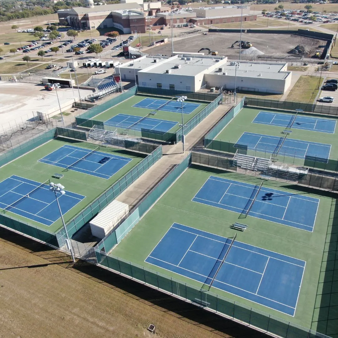 Aerial view of the resurfaced tennis courts at Red Oak High School, Texas