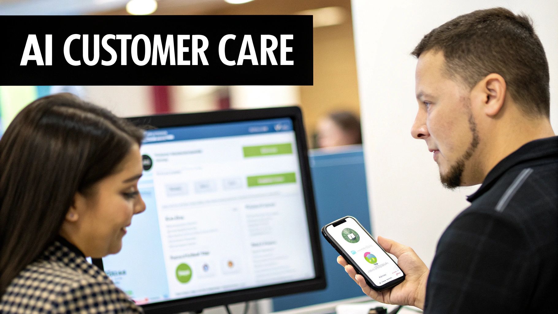 Professionals interacting with computer and smartphone screens, illustrating AI customer care solutions.