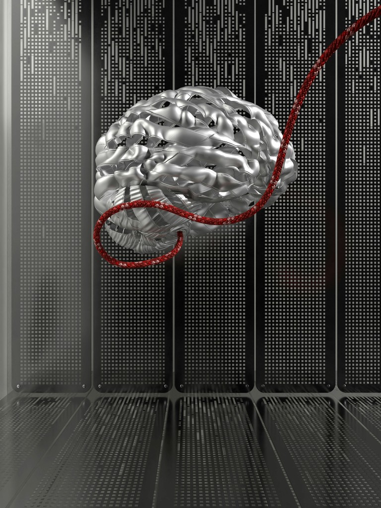 A digital illustration showcasing a metallic 3D brain connected to a red cable in a high-tech environment, symbolizing the fusion of human intelligence and advanced technology in a futuristic and abstract manner.