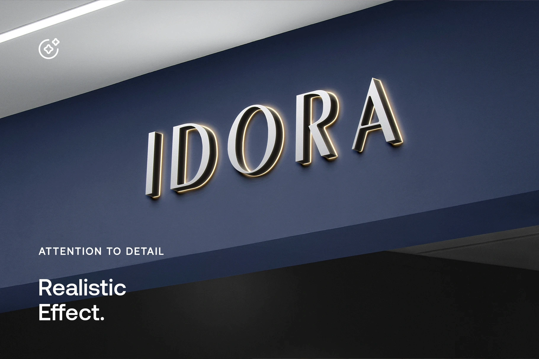 Illuminated sign mockup with a modern, embossed design on a blue storefront background, showcasing a realistic effect.