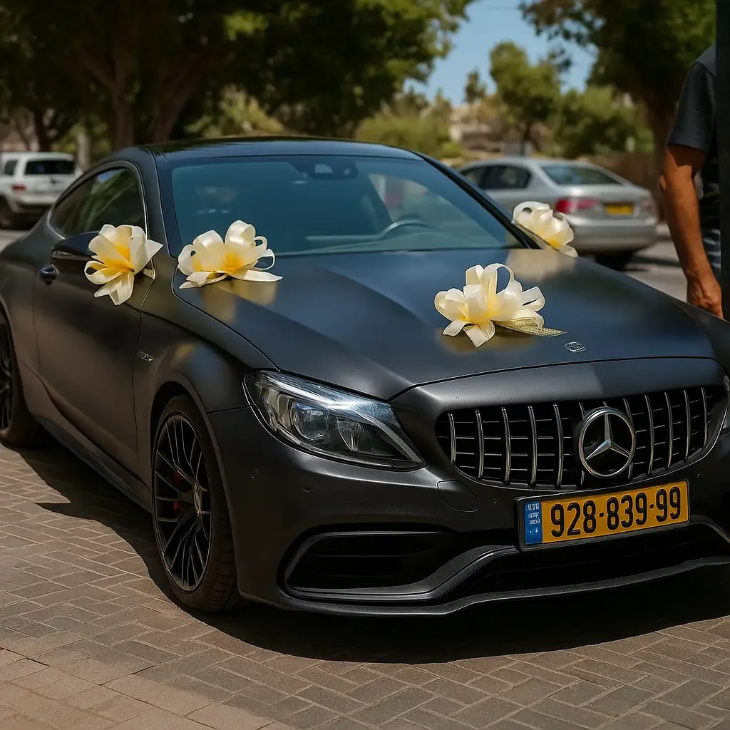 מכונית ספורט כהה עם פפיוני סרט בגוני שמנת על מכסה המנוע ולצד המראה