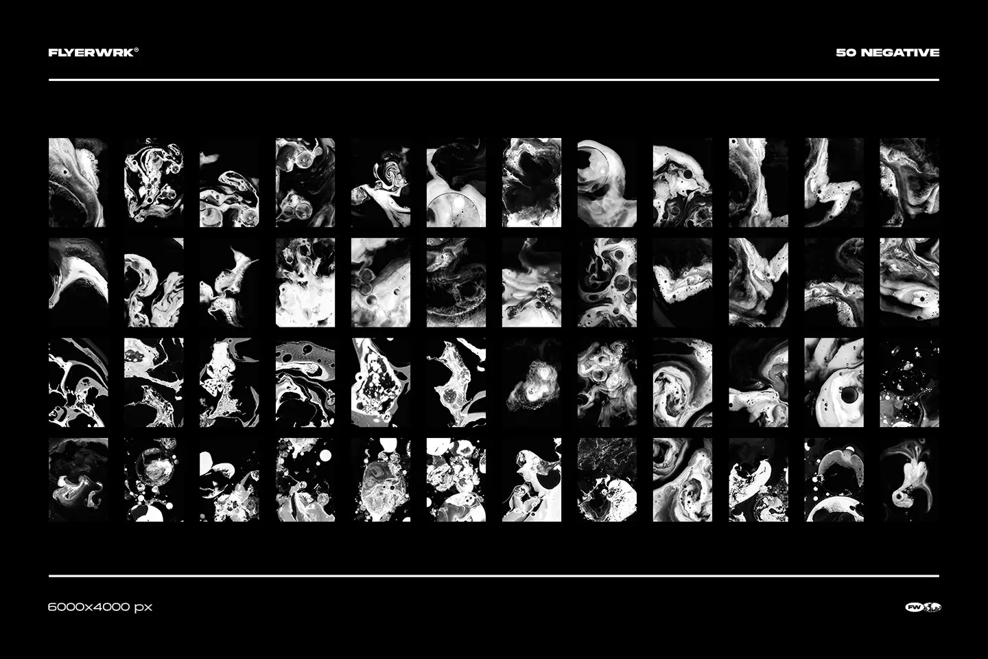 Milch ink in milk textures grid overview showing fifty high resolution black and white negative backgrounds