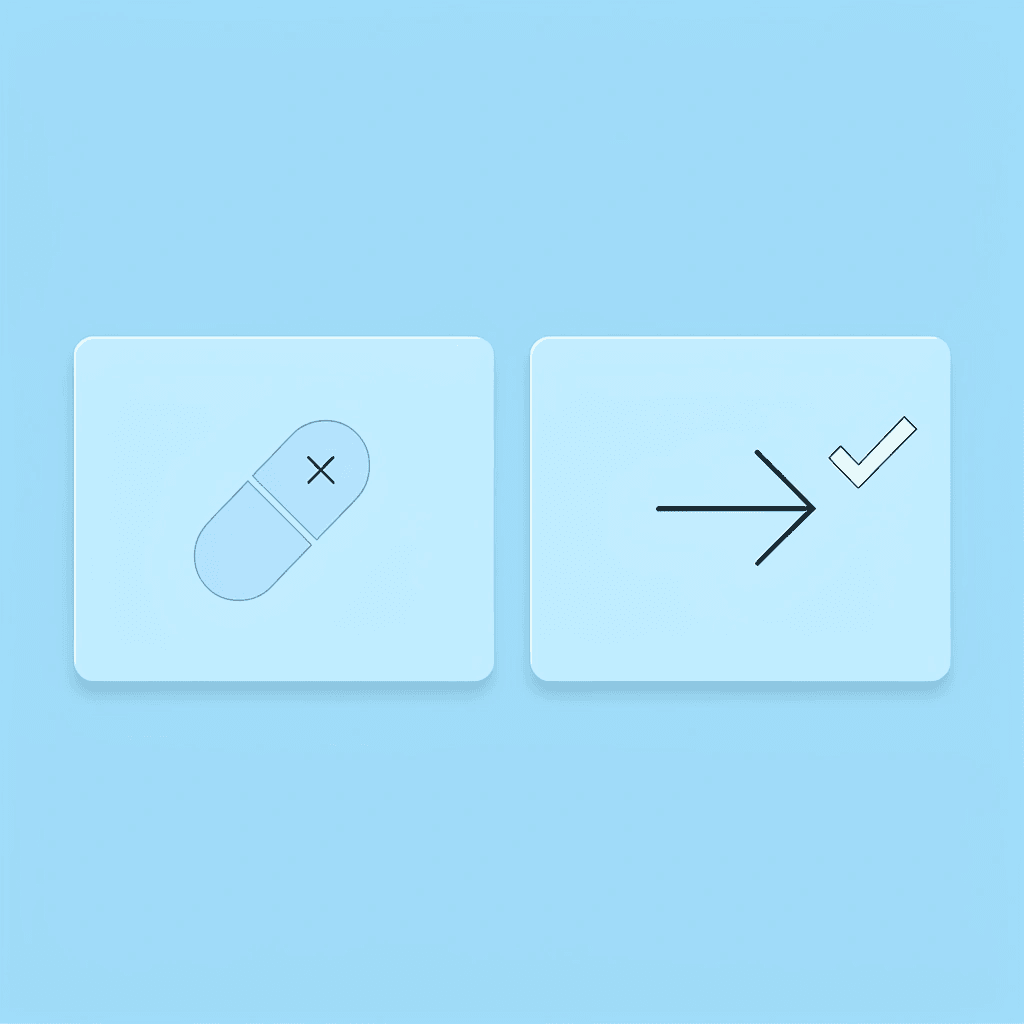 Before and after comparison showing injection needle on left with X, and pill on right with checkmark