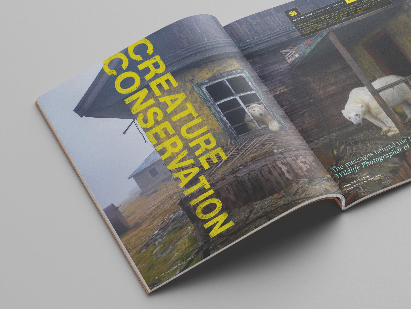 Open double-page spread in a magazine. The article title reads Creature Conservation and features an image of a polar bear.