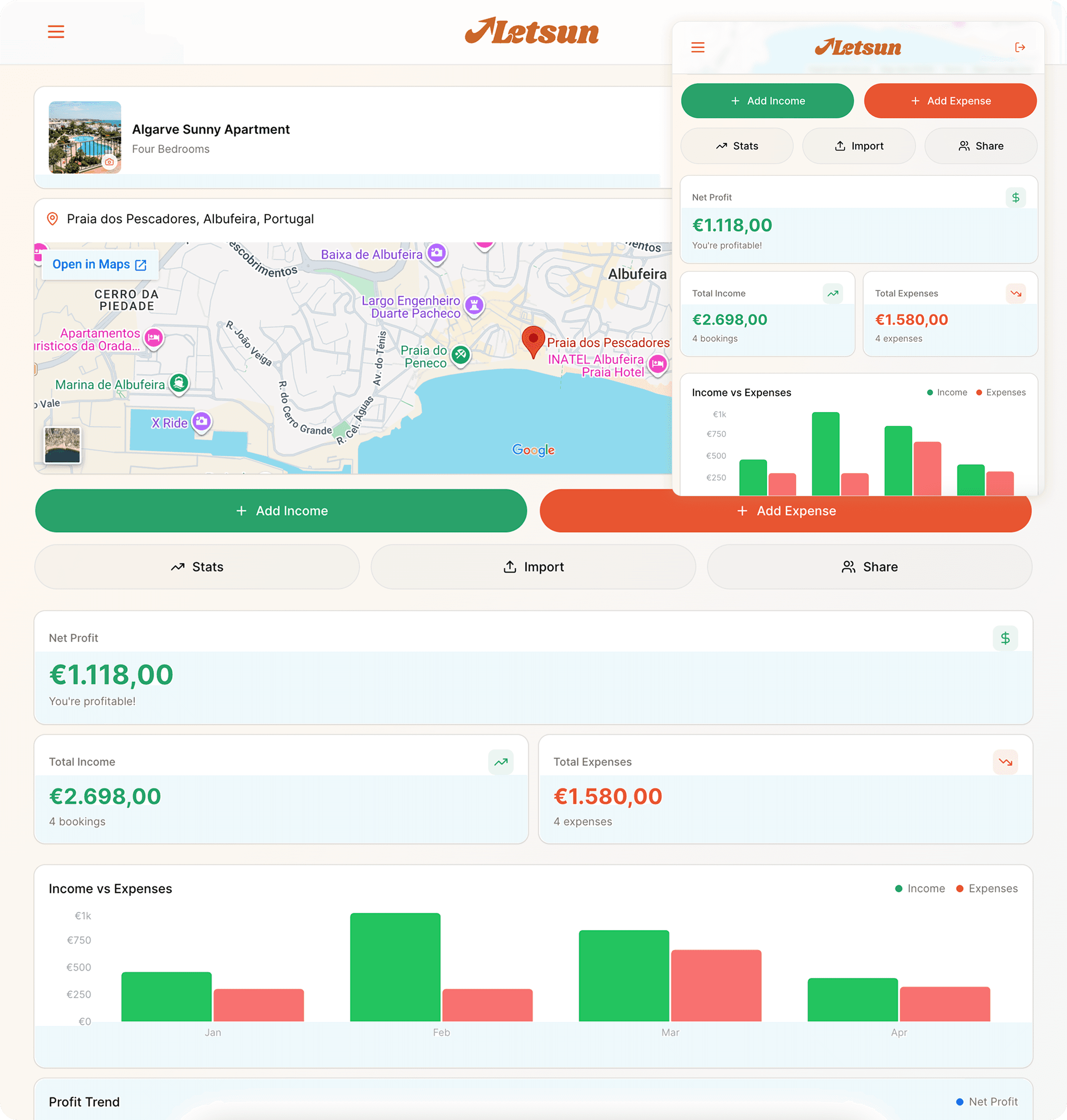 Letsun short term rental property management app on desktop and mobile for Airbnb income tracking, expense management and profit analytics.