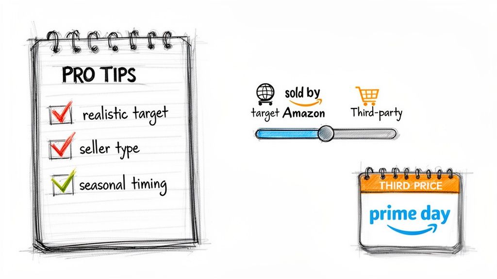 Pro tips for understanding Amazon pricing: realistic target, seller type (Amazon vs. third-party), seasonal timing (Prime Day).