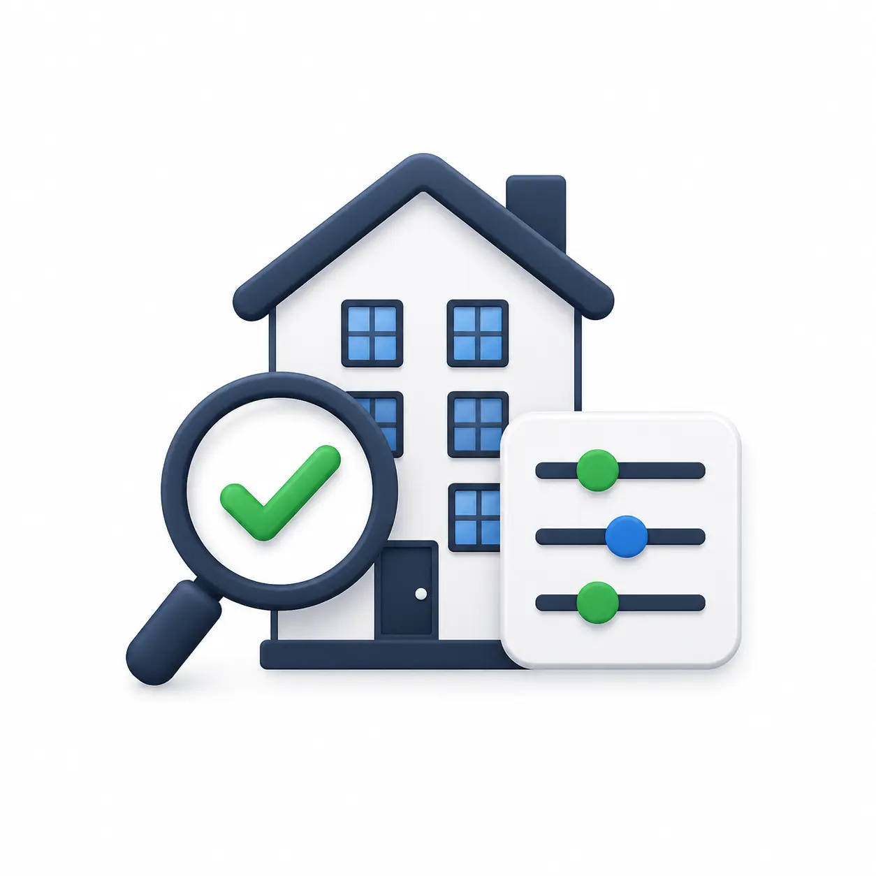 Student accommodation building with search, filters and checkmark icon representing options matched to personal requirements