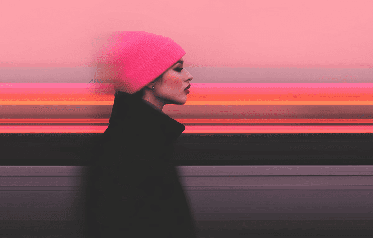 A person in profile wearing a bright pink beanie and dark coat appears against a blurred pink and red striped background, conveying speed and motion.