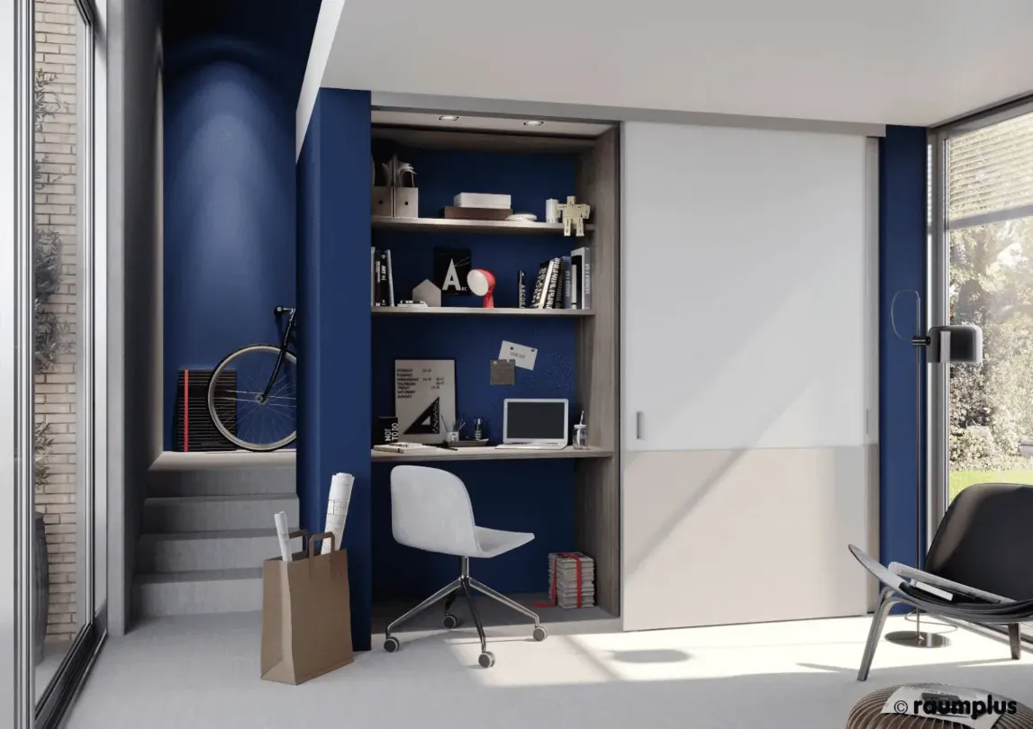 home office in blue and white