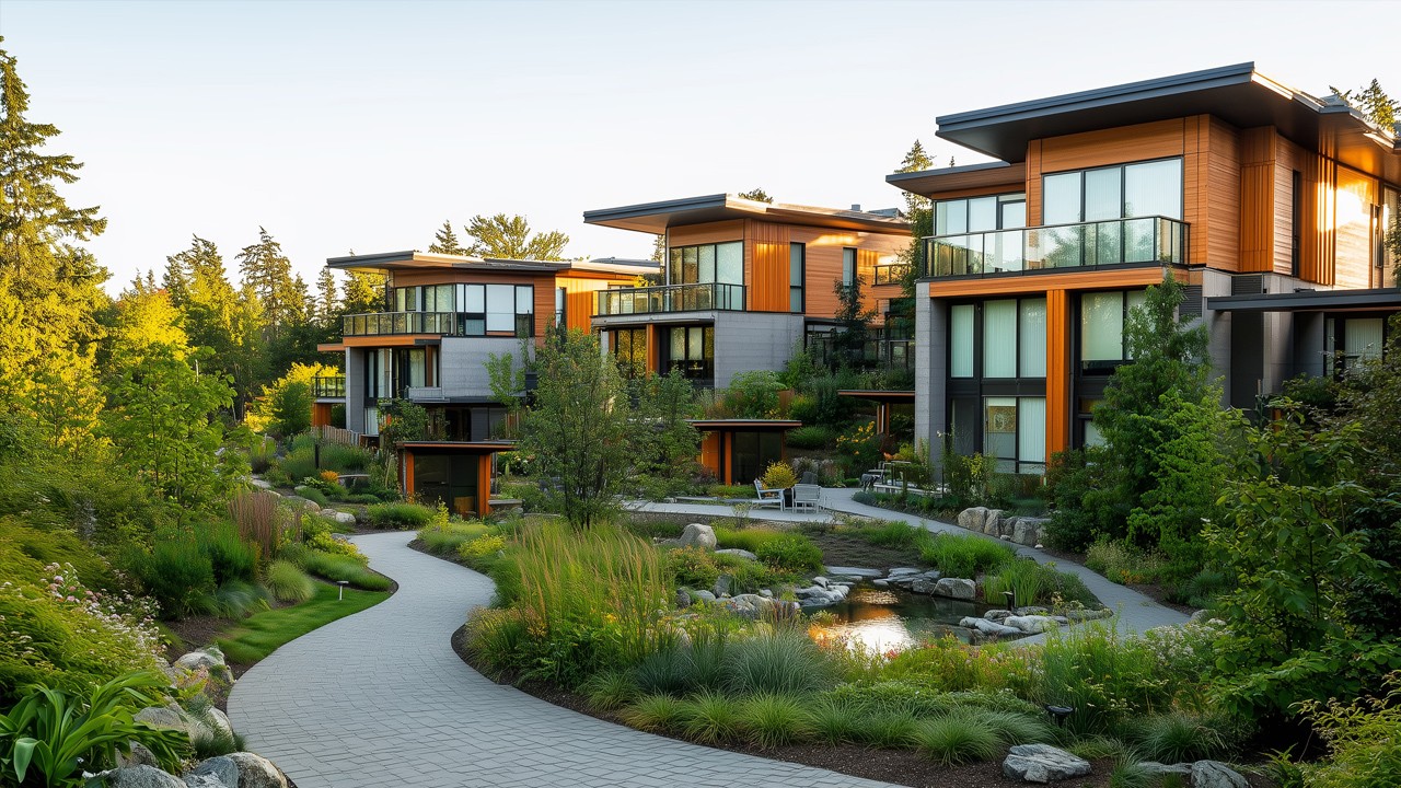 Modern sustainable townhomes surrounded by lush landscaping and a winding pathway.
