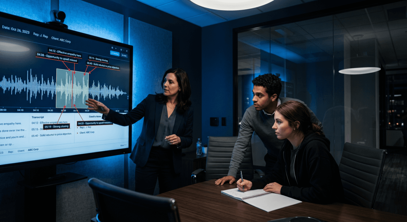 Athletes in suits looking at a tech board with a wave