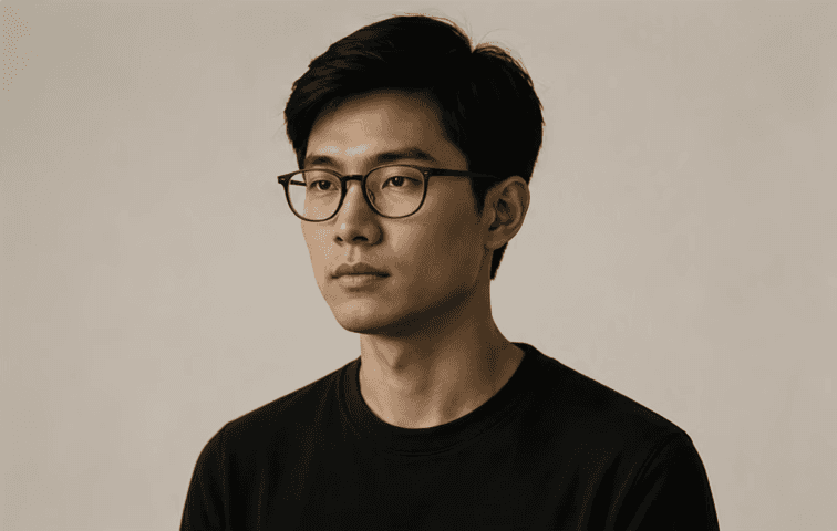     Portrait of a man wearing glasses and a black shirt.