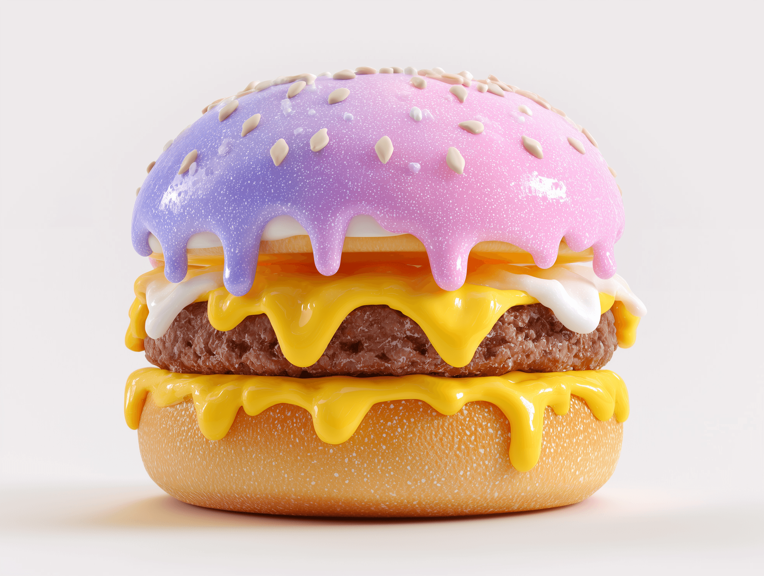 A glossy 3D burger with dripping yellow cheese, a textured bun, and a pastel purple-to-pink gradient top bun with sprinkles, styled in a playful candy-like aesthetic.